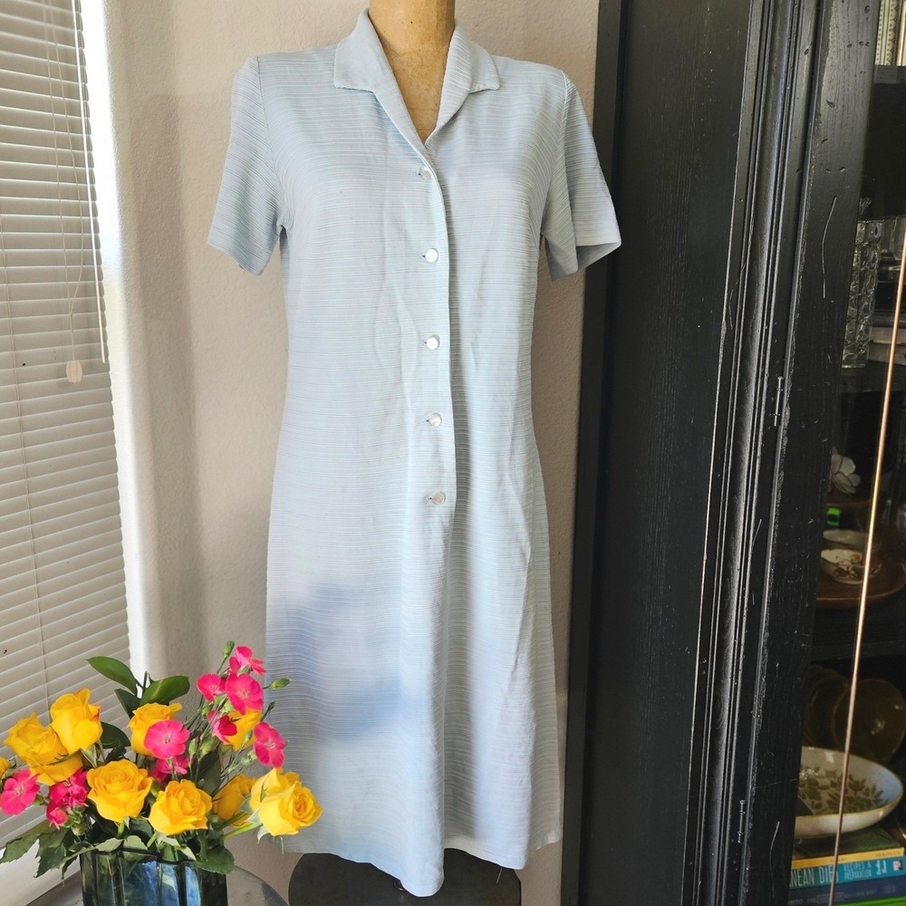 Carol Brent Montgomery Ward Blue Ribbed Shirt Dress Button Front Midi Vintage